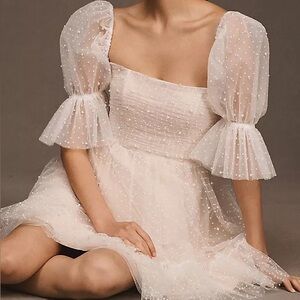 Anthropologie By Watters Macaron Square-Neck Tulle Embellished Mini Dress